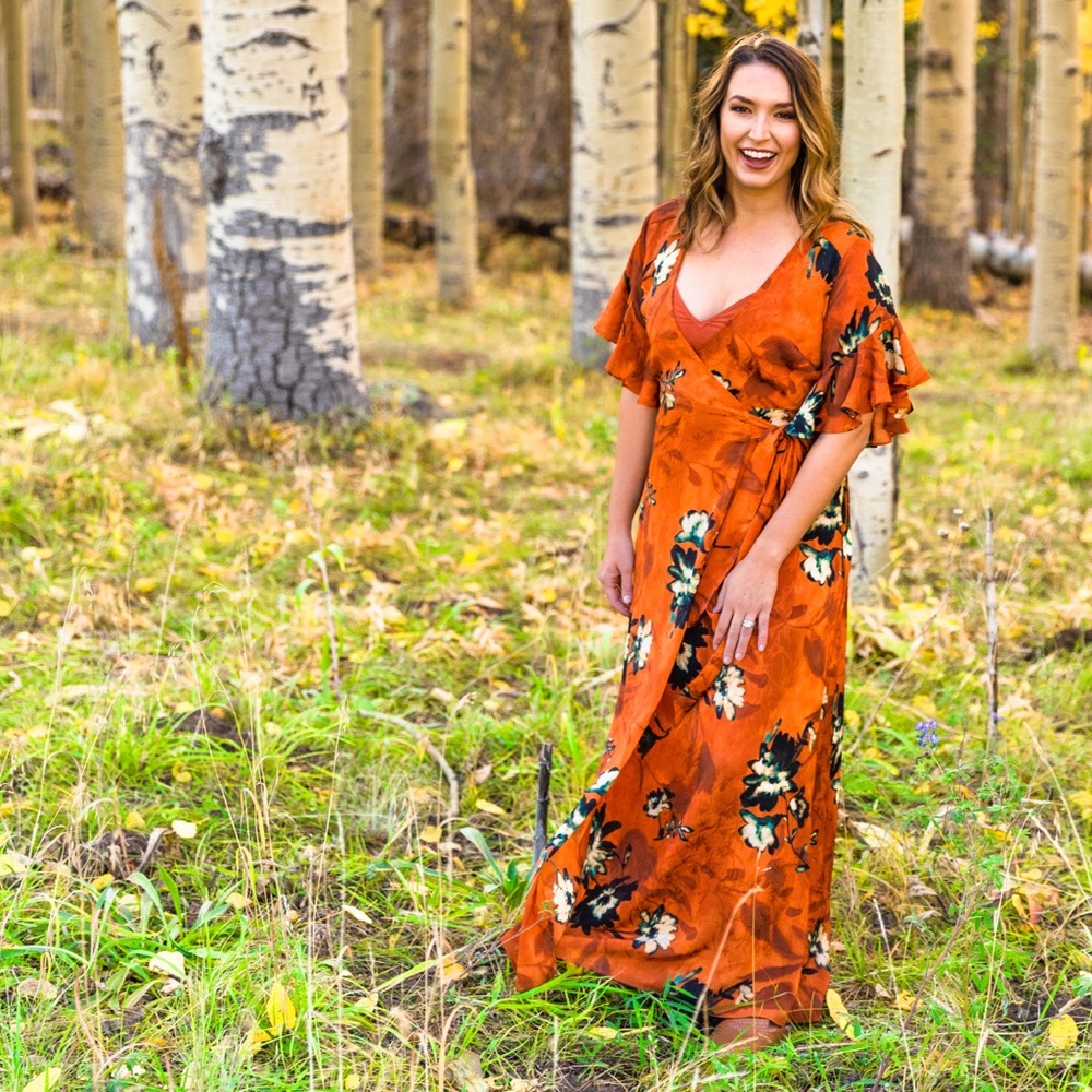 Lovestitch Small Floral Burnt Orange Wrap Dress with slip